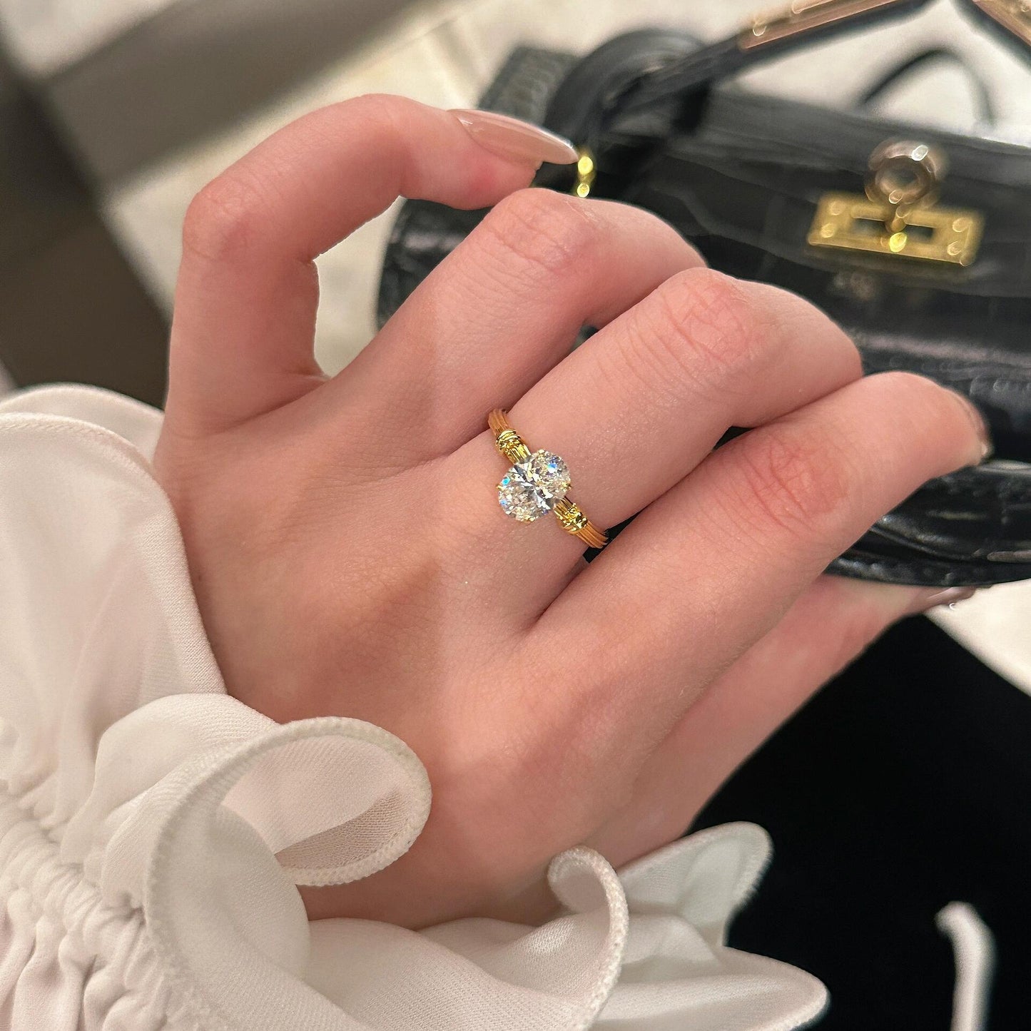 925 silver gold-plated 6*8mm knotted solitaire diamond ring