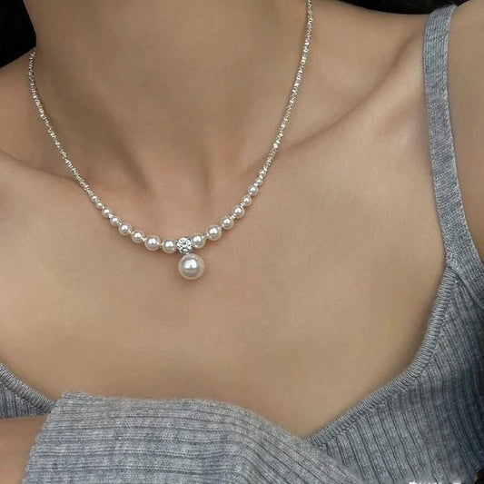 925 silver faux pearl crushed silver necklace
