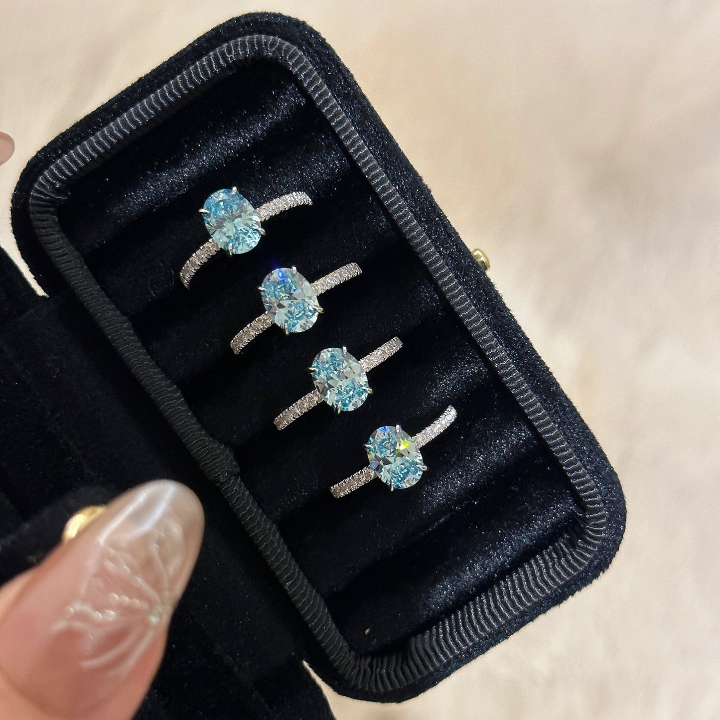 925 Silver High Carbon Diamond Sea Blue Zirconia 6*8 Ring