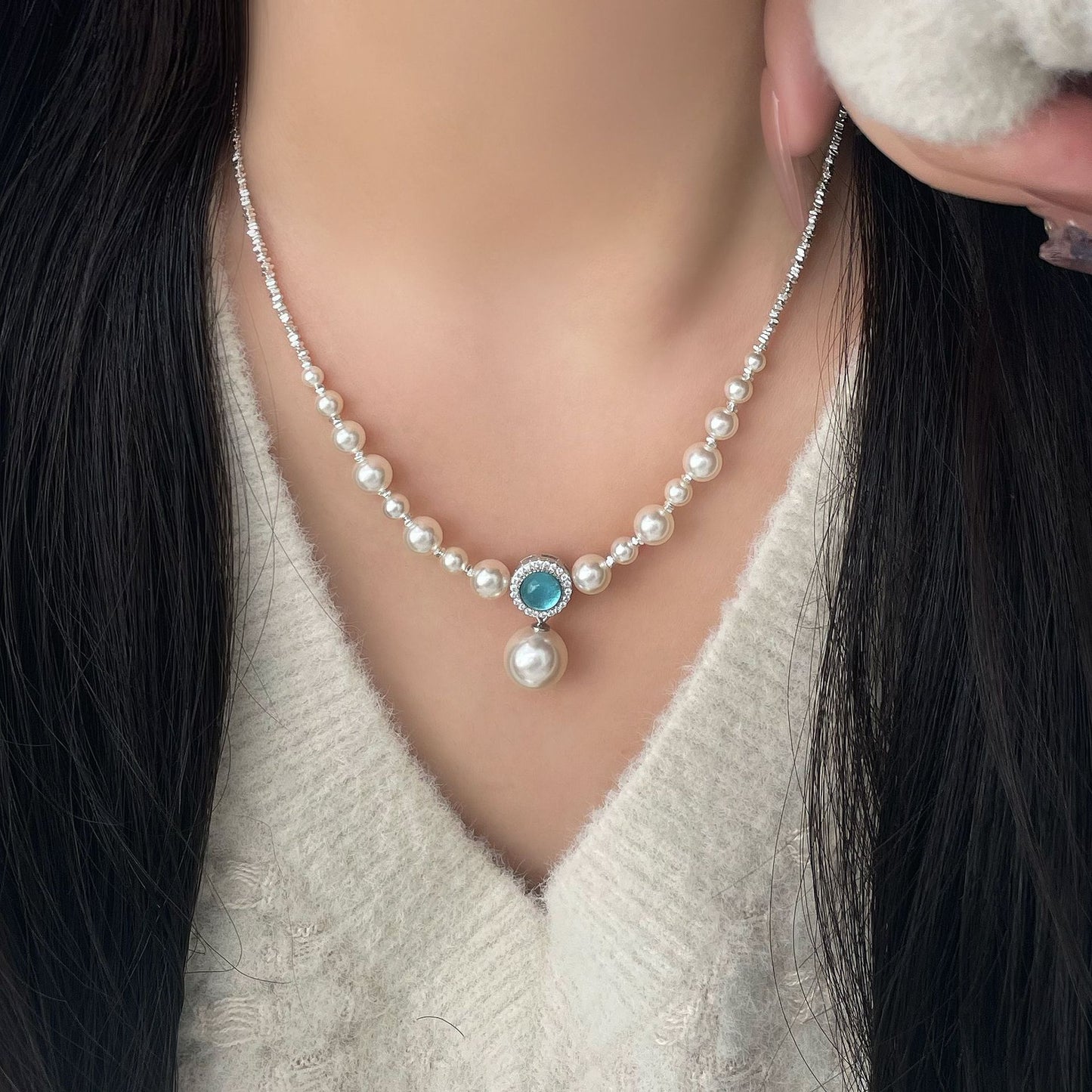 925 silver natural aquamarine crushed silver faux pearl necklace