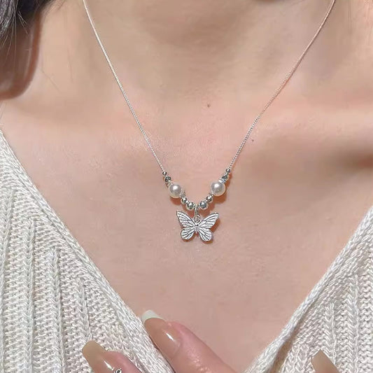 925 Silver Gentle Wind Butterfly Texture Faux Pearl Necklace