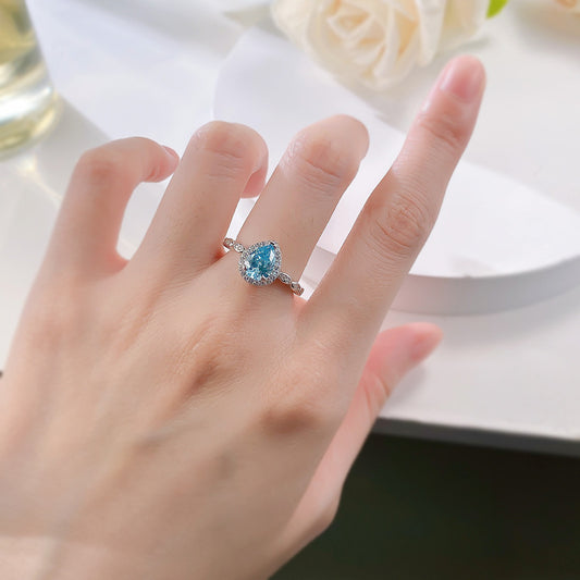 925 Silver 6*8mm Ocean Blue Ring
