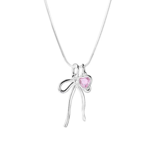 925 Silver Bow Pink Diamond Heart Necklace