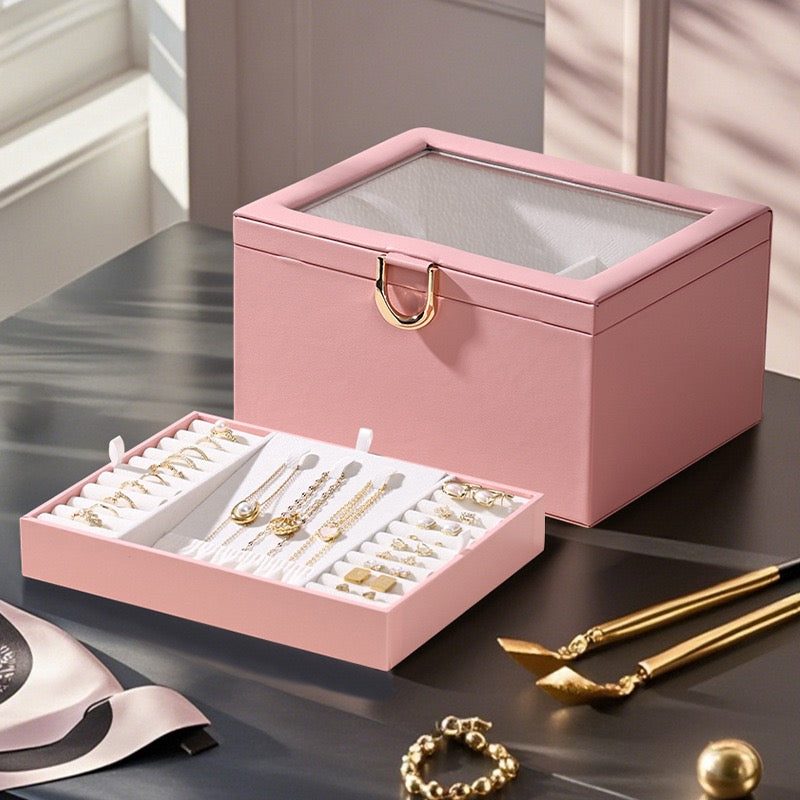European-style large-capacity jewelry box, PU light luxury minimalist style, mirrored makeup case, includes small jewelry box, jewelry storage box