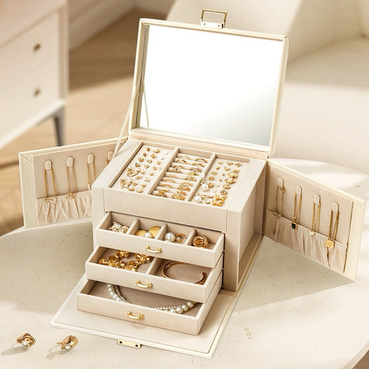 High-end jewelry box, large capacity, with mirror, for storing necklaces, rings, bracelets, and beaded bracelets