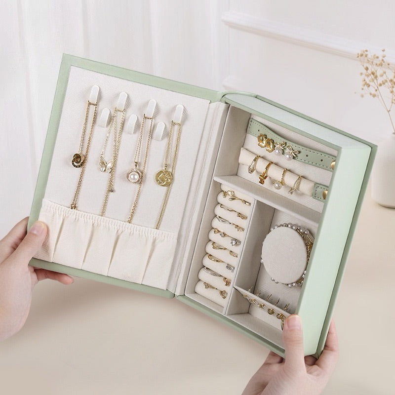 Book and jewelry box, double-layered PU leather multi-functional storage box for watches, rings, earrings, and studs