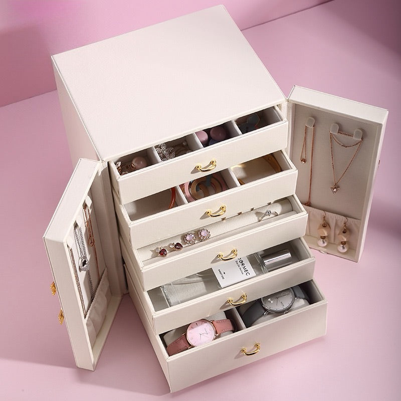 PU leather flat-opening jewelry storage box, large capacity, multi-layer drawer type, ring and necklace storage jewelry box