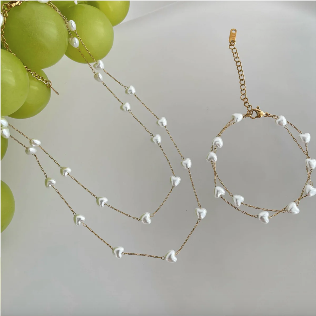 Love imitation pearl double bracelet necklace