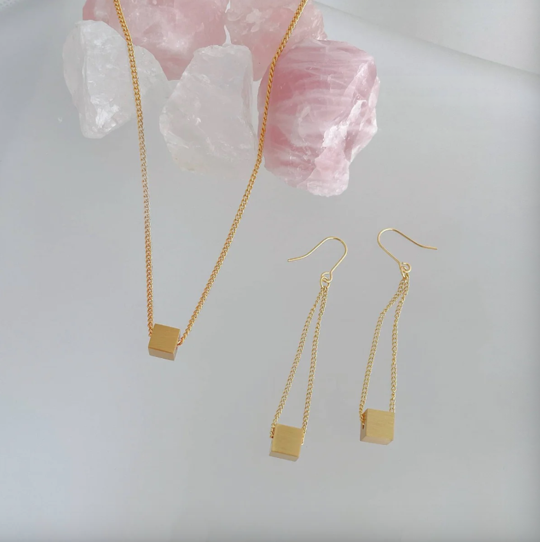 Minimalist Square Brass Brushed Necklace Earrings