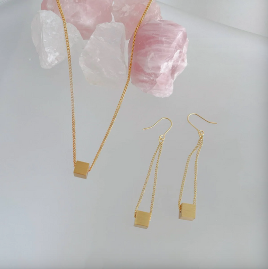 Minimalist Square Brass Brushed Necklace Earrings