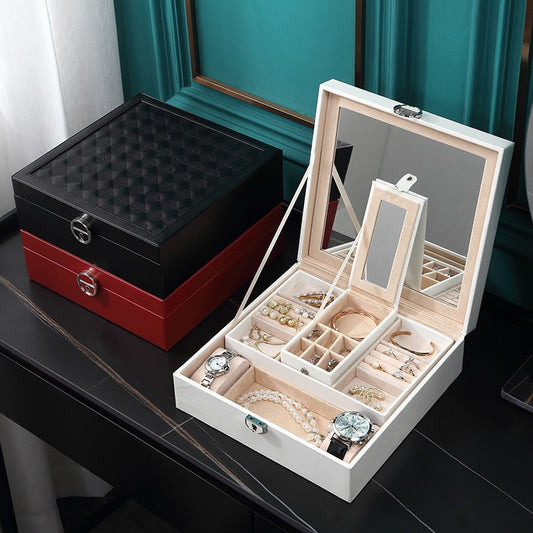 European-style large-capacity jewelry box, PU light luxury minimalist style, mirrored makeup case, includes small jewelry box, jewelry storage box