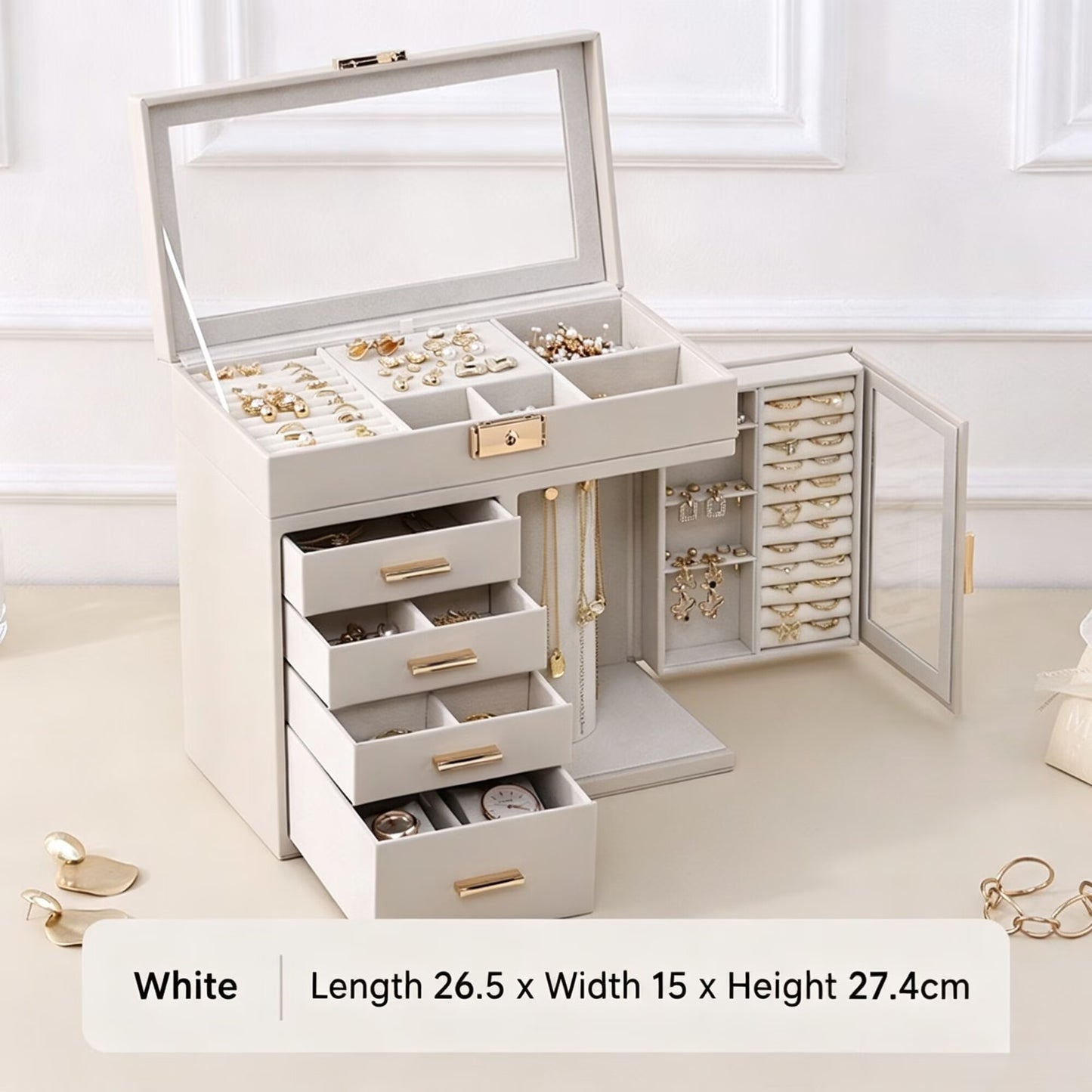 Jewelry storage box with multiple drawers for jewelry, earrings, rings, necklaces, and other jewelry