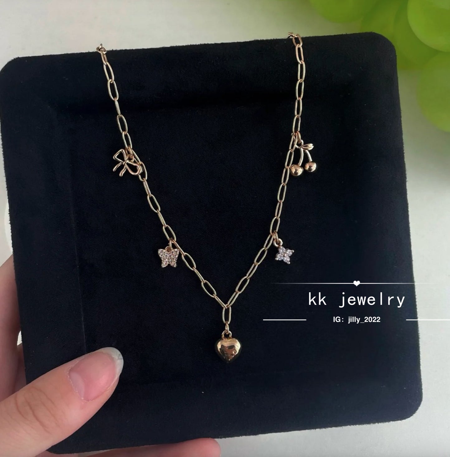 Paper clip chain love bow cherry necklace